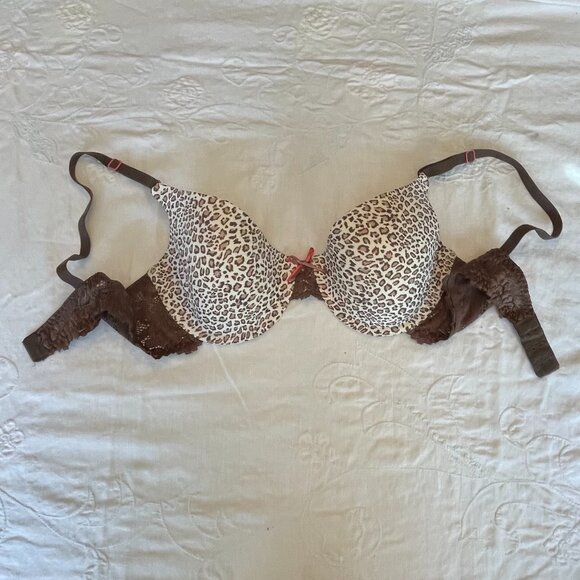 Maidenform Bra 36-C, Brown Leopard Print Soft Thin Foam Cups, Dark Brown Lace - Picture 2 of 5